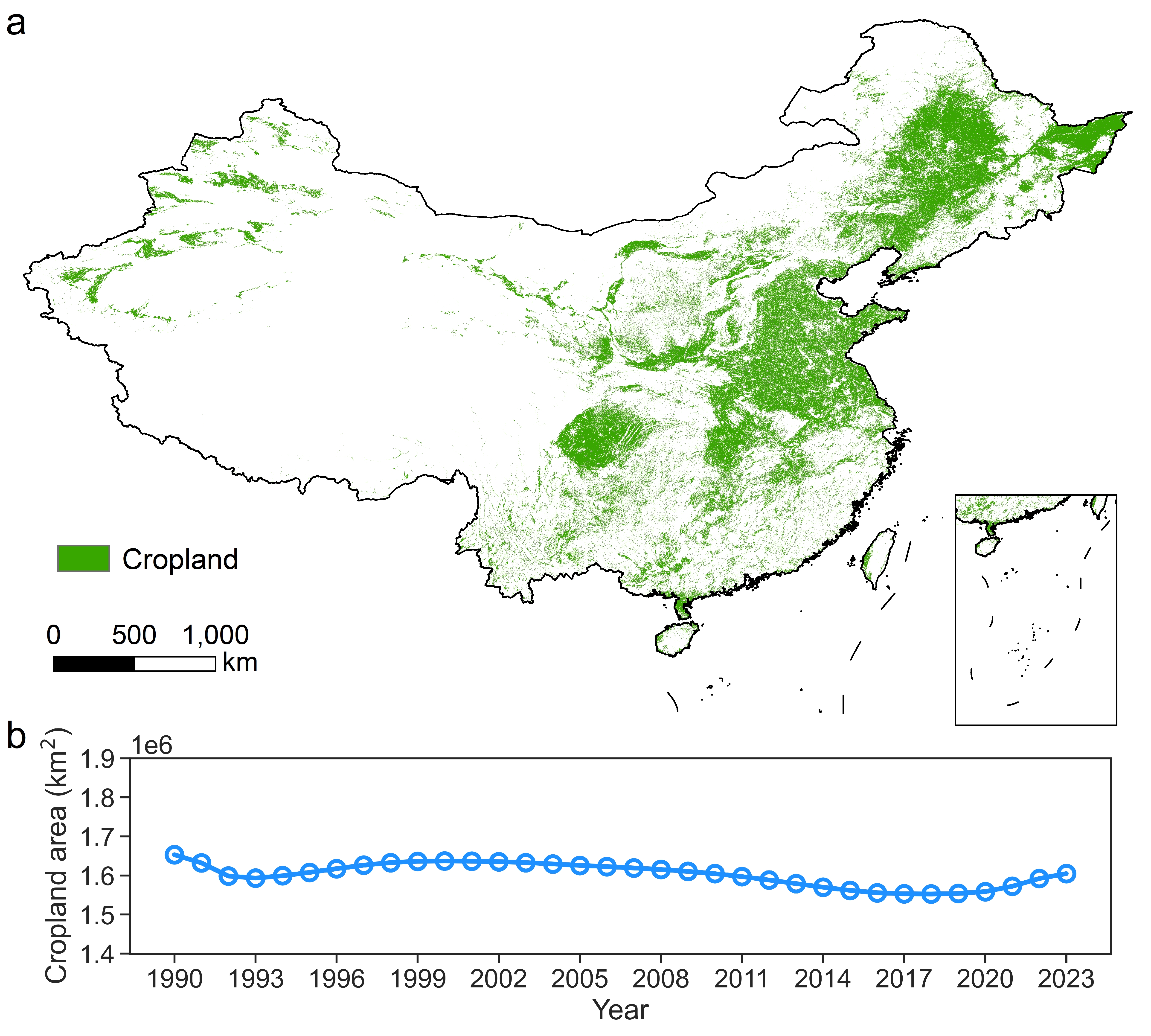 中国省、市、县耕地面积数据（1990-2023年）