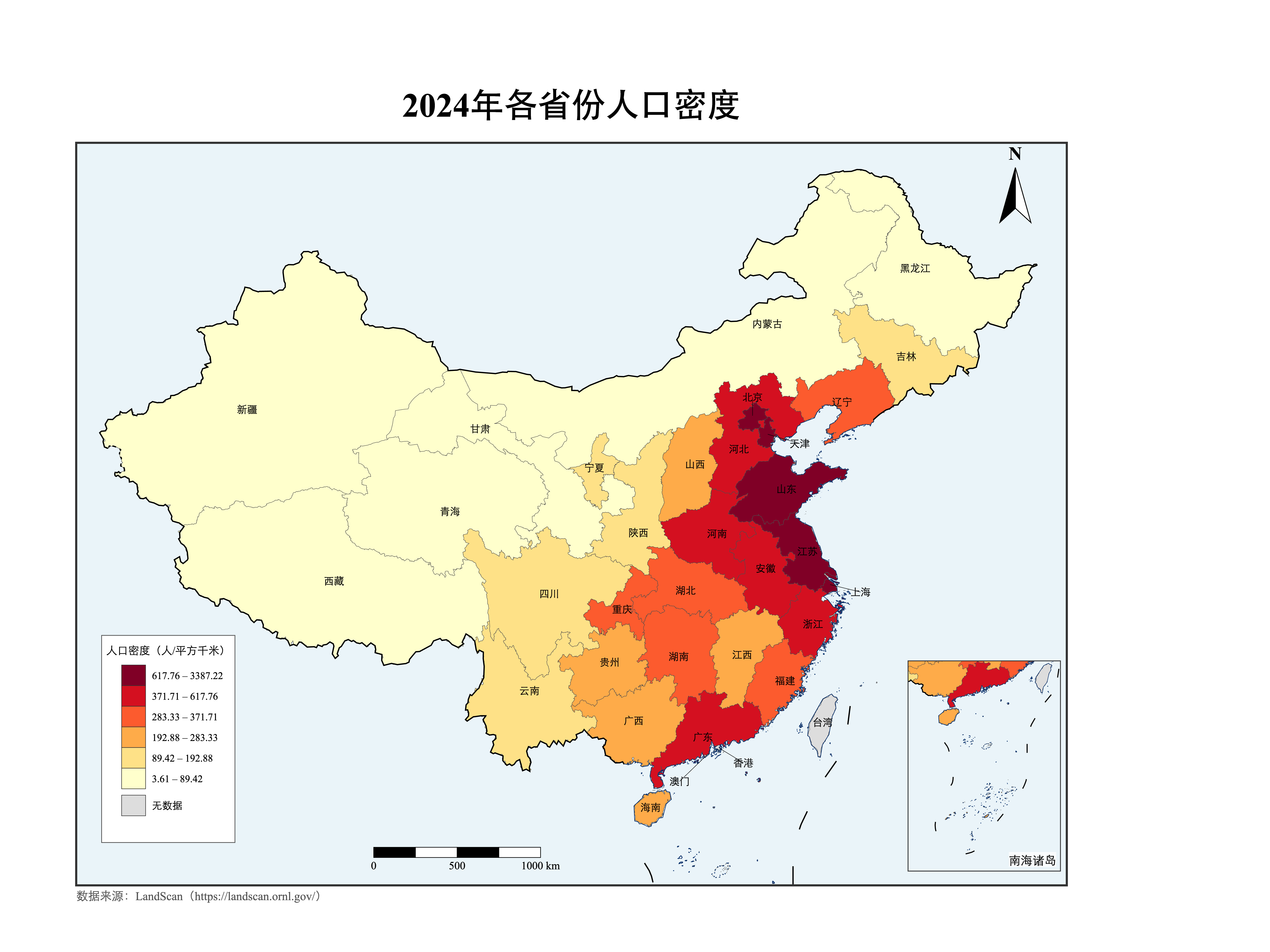 2024年各省份人口密度